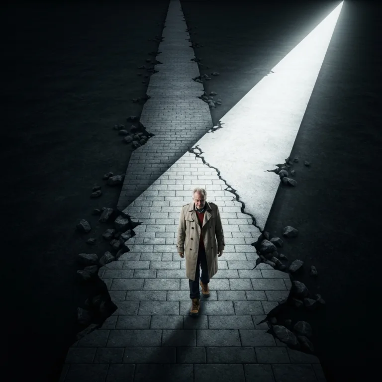 A conceptual and minimalist representation of the sunk cost fallacy. A person is walking down a long, crumbling, dark stone path that clearly leads to a dead end, while a bright, smooth, illuminated pathway diverges sharply to the right. Cinematic lighting, high contrast, professional corporate aesthetic.