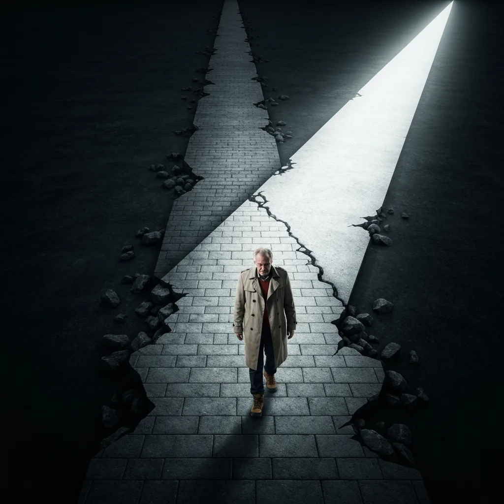 A conceptual and minimalist representation of the sunk cost fallacy. A person is walking down a long, crumbling, dark stone path that clearly leads to a dead end, while a bright, smooth, illuminated pathway diverges sharply to the right. Cinematic lighting, high contrast, professional corporate aesthetic.