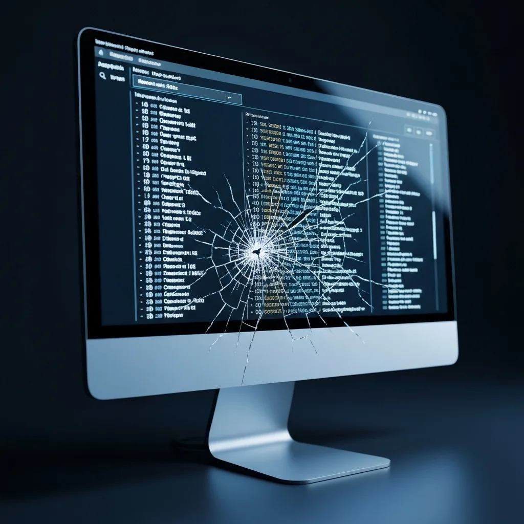A conceptual visualization of digital overload. A glowing computer screen displays an endless, cascading list of tasks in a complex software interface, but the screen is physically cracking under the weight of the text. Dark background, modern tech aesthetic, sharp focus.