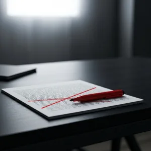 A minimalist workspace featuring a dark wooden desk. On the desk, a single, bright red marker rests next to a heavily crossed-out notebook page, symbolizing ruthless elimination. The lighting is moody and cinematic, sharply focusing on the red marker and the crossed-out text.