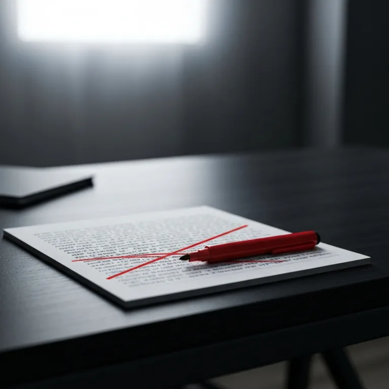 A minimalist workspace featuring a dark wooden desk. On the desk, a single, bright red marker rests next to a heavily crossed-out notebook page, symbolizing ruthless elimination. The lighting is moody and cinematic, sharply focusing on the red marker and the crossed-out text.