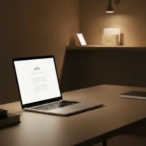 A minimalist, modern home office setup where a single, illuminated document is open on a computer screen, while a smartphone and physical inbox are visibly placed far away on a distant shelf in the shadows, cinematic lighting, conceptual visualization of focus and strategic distance.