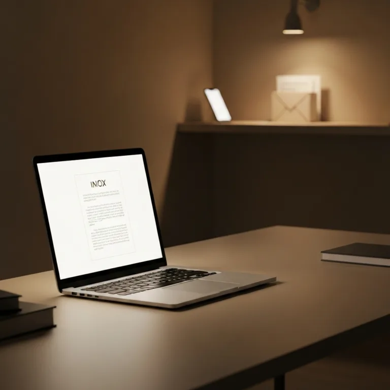 A minimalist, modern home office setup where a single, illuminated document is open on a computer screen, while a smartphone and physical inbox are visibly placed far away on a distant shelf in the shadows, cinematic lighting, conceptual visualization of focus and strategic distance.
