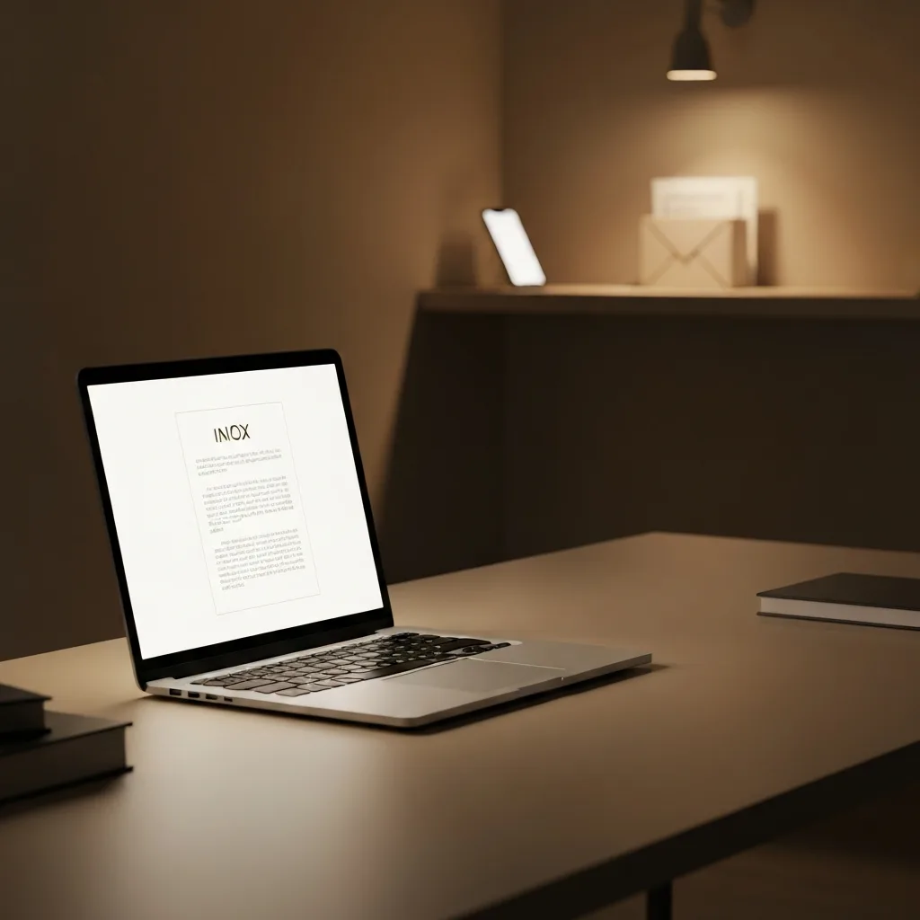 A minimalist, modern home office setup where a single, illuminated document is open on a computer screen, while a smartphone and physical inbox are visibly placed far away on a distant shelf in the shadows, cinematic lighting, conceptual visualization of focus and strategic distance.