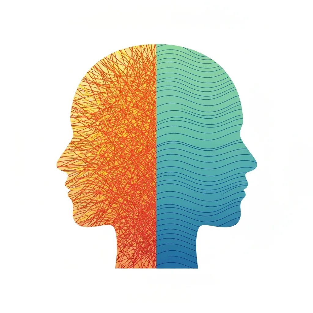 A minimalist, psychological vector art illustration showing a split profile of a human head. The back half of the mind is filled with chaotic, jagged, rapidly vibrating orange and yellow lines representing chronic stress. These lines smoothly transition into calm, flowing, horizontal blue and green waves in the front half of the mind, representing the resetting of the physiological baseline.