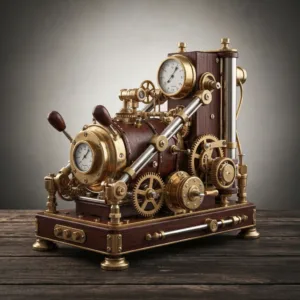 A conceptual, highly detailed image of an antique brass thermostat mounted on a textured, moody dark wall. The glowing dial is slowly shifting from a harsh, vibrating red on the right to a soothing, deep oceanic blue on the left, symbolizing the down-regulation of the nervous system. Cinematic lighting, 8k resolution, photorealistic.