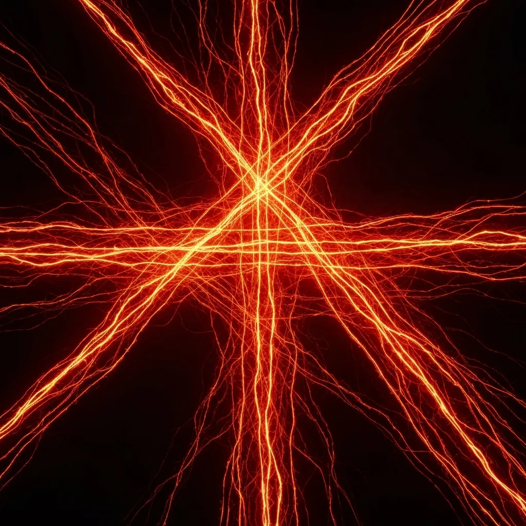 A visual metaphor for the nervous system under stress. Glowing, intricate neural pathways inside a translucent human silhouette. Bright, chaotic, warm-colored energy (reds and oranges) is trapped inside the chest and throat, while the outer edges of the silhouette remain rigidly straight, cool blue, and artificially composed. Dark background, scientific yet artistic style.