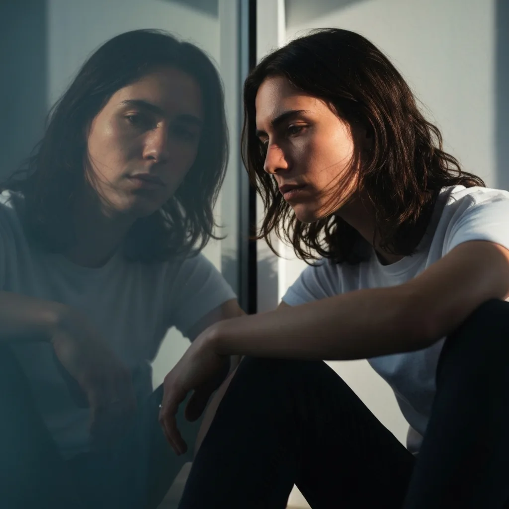 A minimalist, highly detailed portrait of a person sitting quietly by a window, their reflection in the glass showing a slightly more vibrant, colorful, and expressive version of themselves. Soft natural light, deep shadows, emotional resonance.