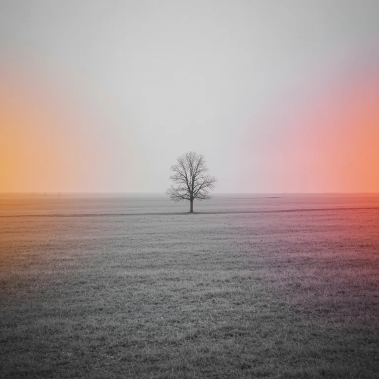A conceptual, cinematic photograph of a muted, grayscale landscape slowly transitioning into subtle, warm, vibrant colors at the edges, symbolizing the gradual thawing of emotional flattening. Soft, diffused lighting, high resolution, psychological depth.