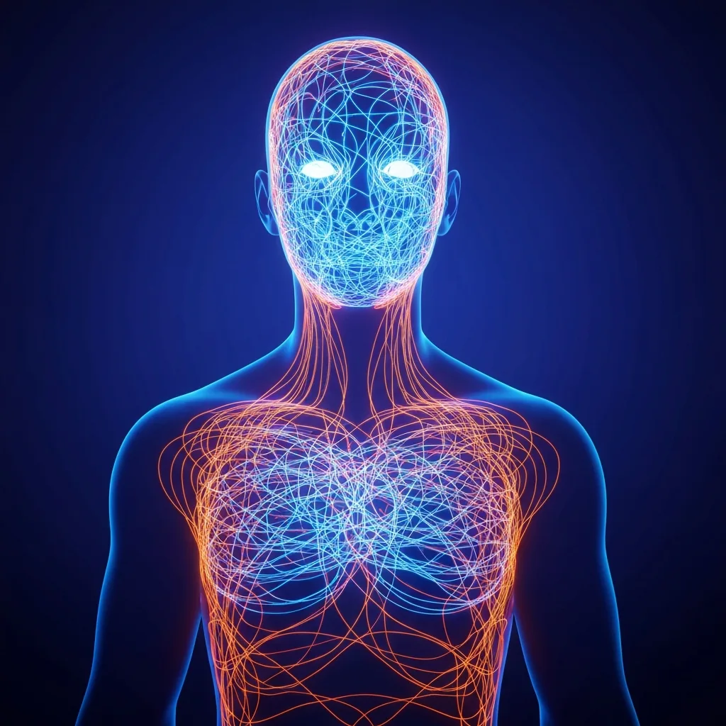 A conceptual illustration of a human silhouette where the chest and head areas show a glowing, tangled web of neon blue and orange lines, representing suppressed emotional energy seeking an outlet. The background is a deep, calming indigo.