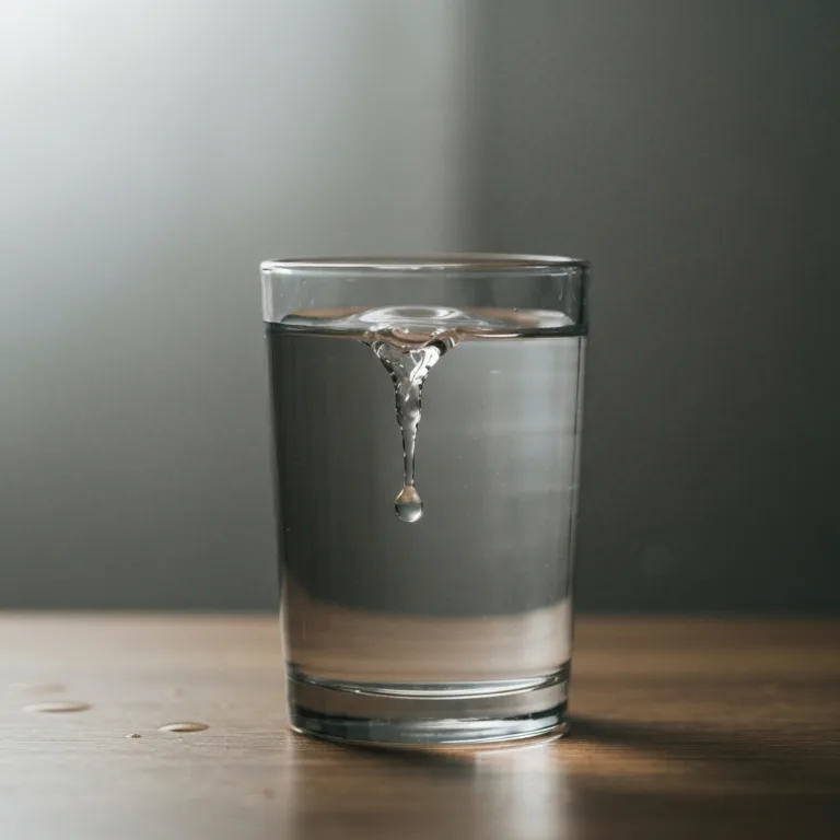 A cinematic, moody photograph of a glass of water filled to the very brim, with a single drop spilling over the edge, symbolizing emotional overflow. Soft, natural lighting with a blurred, minimalist background to emphasize the tension of the surface water.