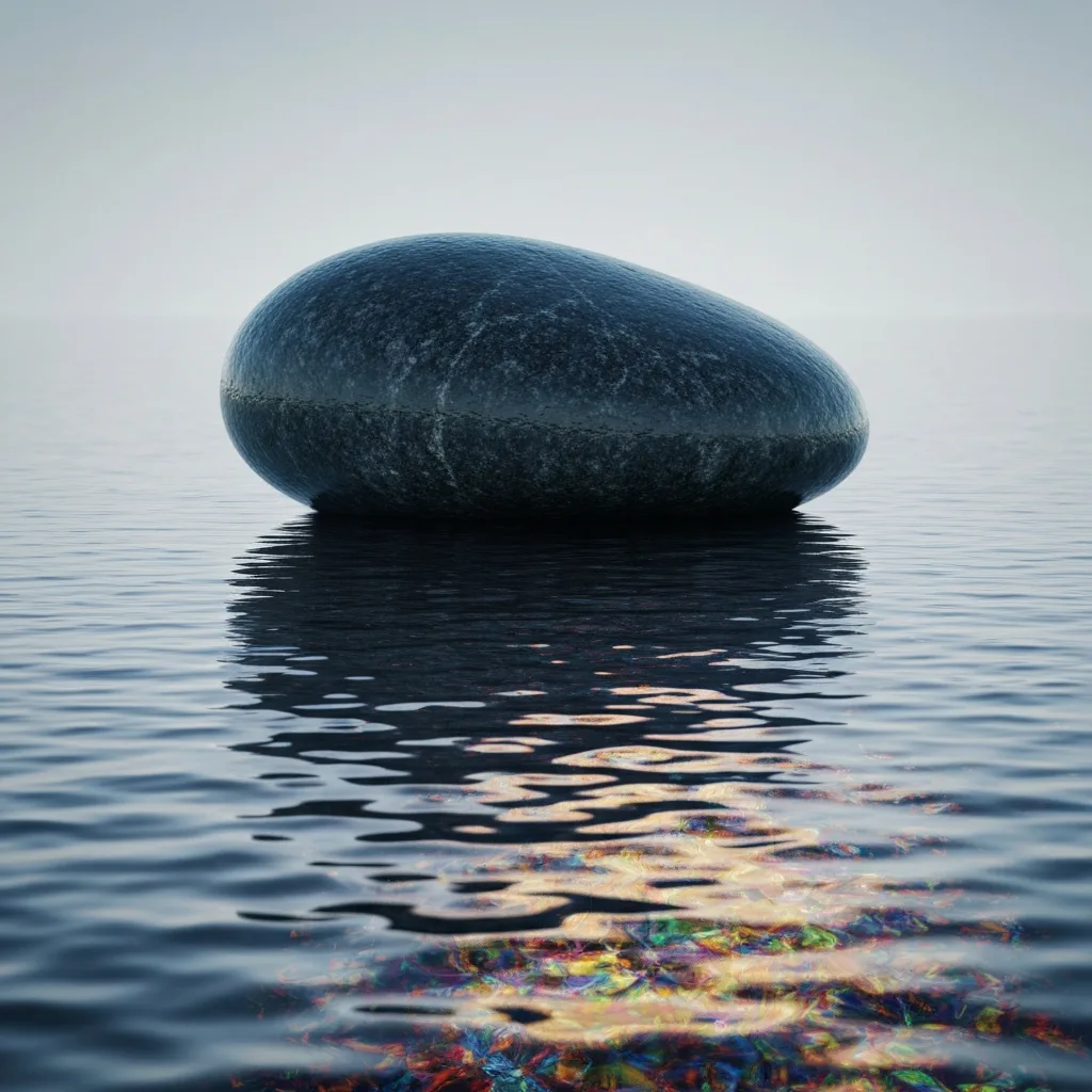 A serene abstract representation of a calm mind, featuring a smooth, dark stone resting on a rippling pool of water, with a reflection that shows a completely different, vibrant texture, representing the depth and multiplicity of human emotions. High resolution, photorealistic, cinematic lighting.