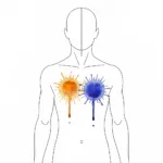 A minimalist, conceptual illustration of a human silhouette with two contrasting watercolor splashes inside the chest—one warm amber, one cool indigo—blending slightly at the edges but maintaining their distinct colors, symbolizing conflicting emotions held in balance. Soft, neutral background, editorial style.