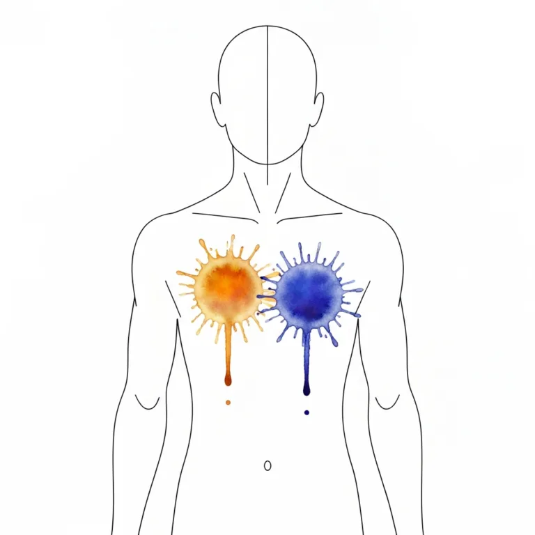 A minimalist, conceptual illustration of a human silhouette with two contrasting watercolor splashes inside the chest—one warm amber, one cool indigo—blending slightly at the edges but maintaining their distinct colors, symbolizing conflicting emotions held in balance. Soft, neutral background, editorial style.