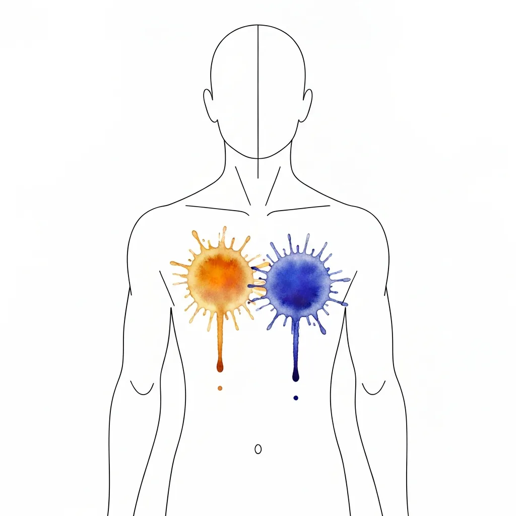 A minimalist, conceptual illustration of a human silhouette with two contrasting watercolor splashes inside the chest—one warm amber, one cool indigo—blending slightly at the edges but maintaining their distinct colors, symbolizing conflicting emotions held in balance. Soft, neutral background, editorial style.