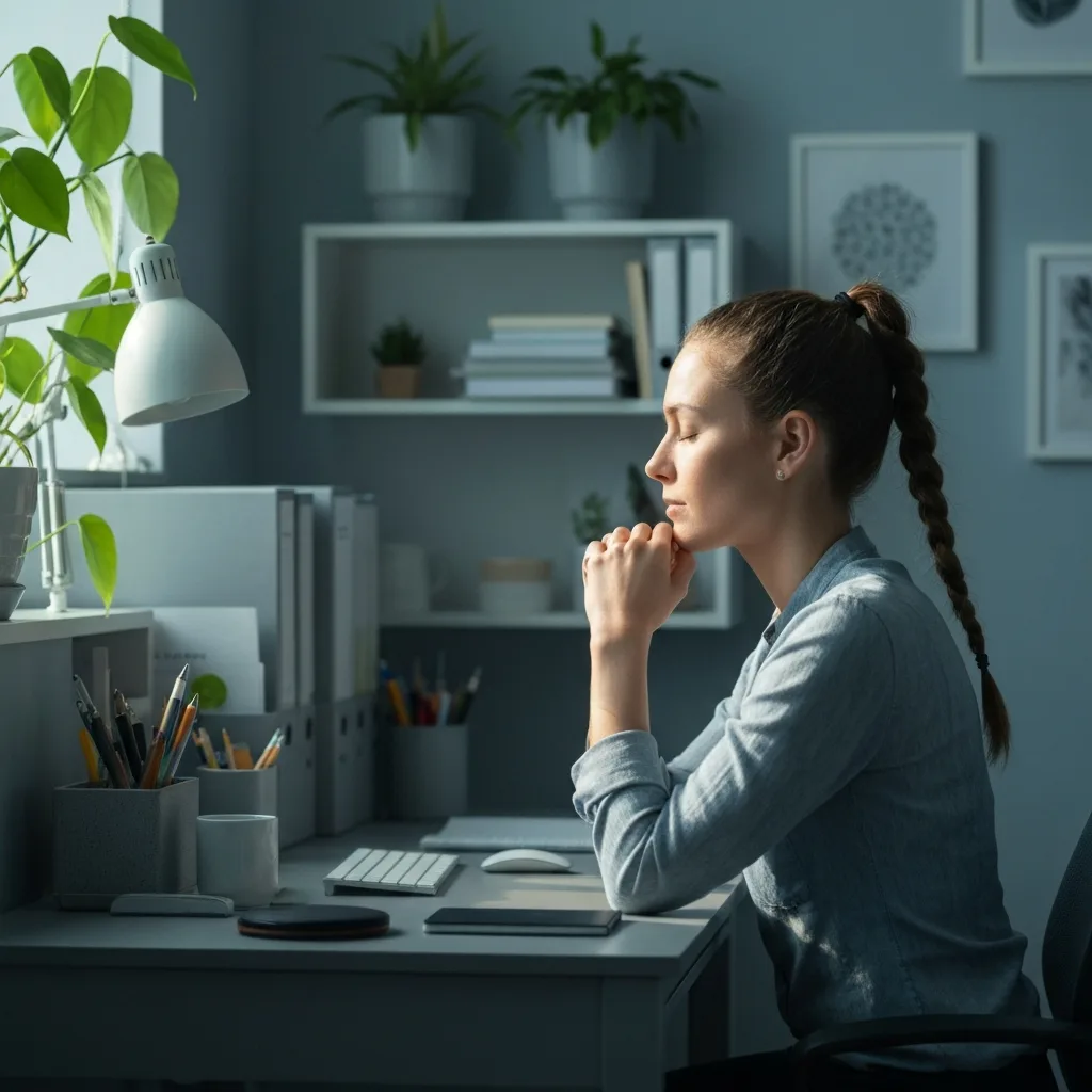 A serene workspace showing a person resting their hands on a desk, eyes gently closed, taking a deliberate breath. Soft, natural morning light filters through a nearby window, highlighting a sense of grounding and somatic safety amid a potentially chaotic environment. Photorealistic, cinematic lighting.