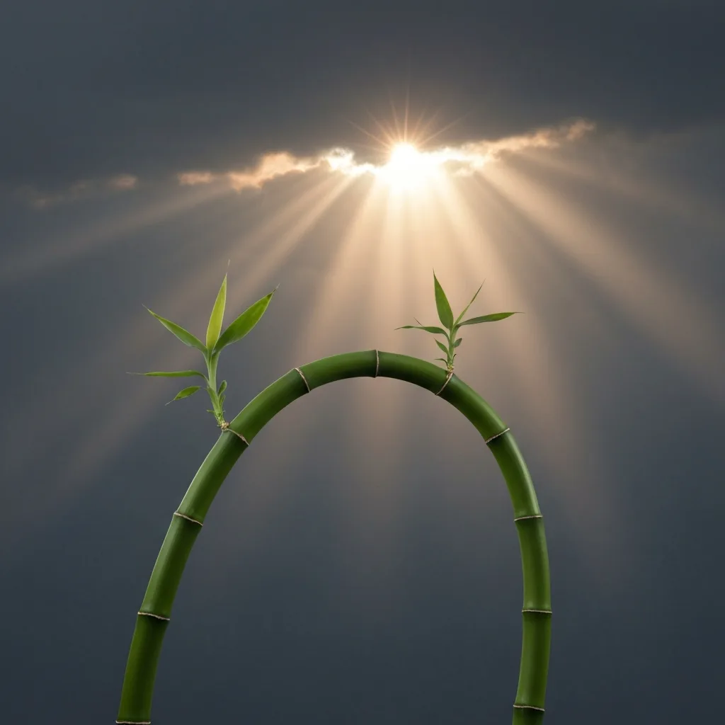 A macro shot of a green bamboo stalk bending deeply in a strong wind but not breaking, set against a moody, overcast sky with a single ray of warm sunlight breaking through the clouds. High detail, evocative, representing psychological flexibility.