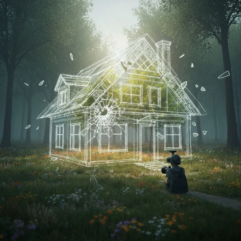 A conceptual image showing a fragile, translucent blueprint of a perfect house shattering like glass, revealing a beautiful, vibrant, untamed forest underneath. Soft, cinematic lighting, symbolizing the release of rigid expectations.
