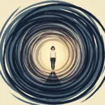 A conceptual, minimalist illustration showing a person standing calmly in the center of a swirling, abstract storm of dark, textured brushstrokes, representing psychological flexibility and grounding amidst emotional discomfort. Soft, muted color palette with a single warm light illuminating the figure.