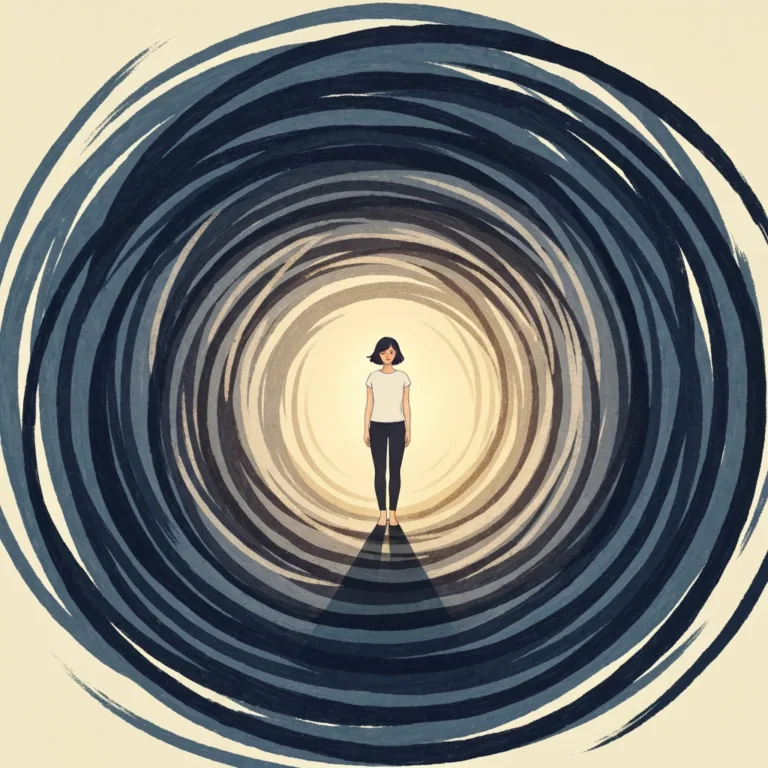 A conceptual, minimalist illustration showing a person standing calmly in the center of a swirling, abstract storm of dark, textured brushstrokes, representing psychological flexibility and grounding amidst emotional discomfort. Soft, muted color palette with a single warm light illuminating the figure.