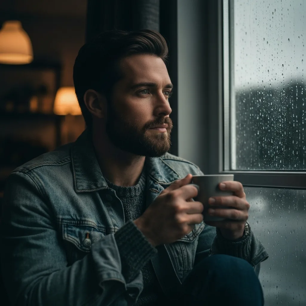 A cinematic, soft-focus image of a person sitting alone by a window on a rainy afternoon, holding a warm mug, staring thoughtfully into the distance. The lighting is moody and atmospheric, emphasizing a quiet moment of reflection and the subtle weight of unspoken thoughts.