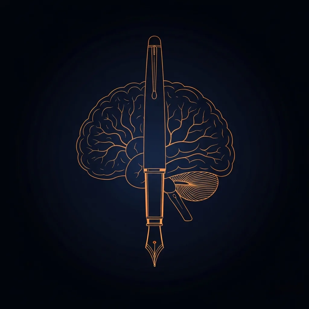 A conceptual illustration of a human brain merging with a classic fountain pen, glowing with a subtle amber and deep blue light against a dark background. Symbolizing the intersection of psychology and creative writing, minimalist, striking, and cerebral.