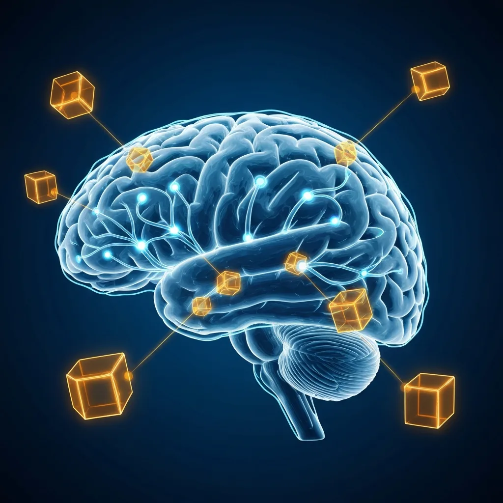 A conceptual abstract illustration showing the human brain with glowing neural pathways, connected to floating geometric shapes representing organized tasks and habits, using a sophisticated cool blue and warm amber color palette.