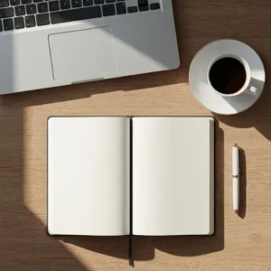 A top-down view of a clean, minimalist wooden desk with a closed laptop, a single open high-quality notebook, a premium pen, and a cup of black coffee, bathed in soft, natural morning light, evoking a sense of deep focus, calm, and clarity.
