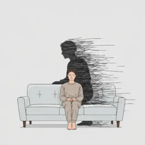 A conceptual, minimalist illustration of a person sitting on a calm, serene sofa, but their shadow is depicted as a chaotic, fast-moving blur of jagged lines, representing internal nervous system dysregulation amidst external stillness. Soft muted colors, psychological editorial style.