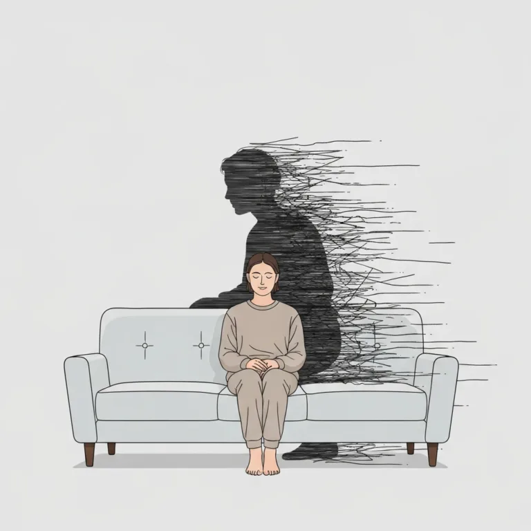A conceptual, minimalist illustration of a person sitting on a calm, serene sofa, but their shadow is depicted as a chaotic, fast-moving blur of jagged lines, representing internal nervous system dysregulation amidst external stillness. Soft muted colors, psychological editorial style.