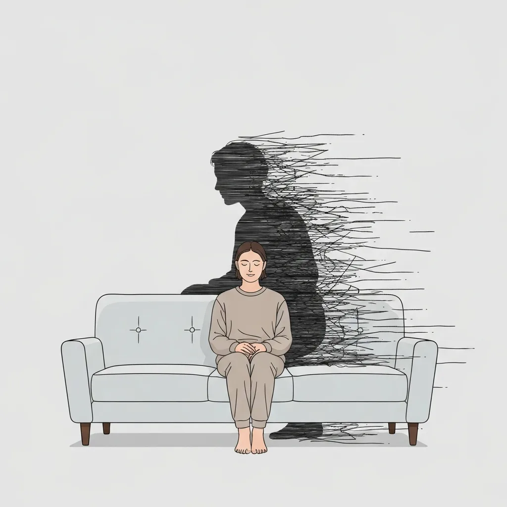 A conceptual, minimalist illustration of a person sitting on a calm, serene sofa, but their shadow is depicted as a chaotic, fast-moving blur of jagged lines, representing internal nervous system dysregulation amidst external stillness. Soft muted colors, psychological editorial style.