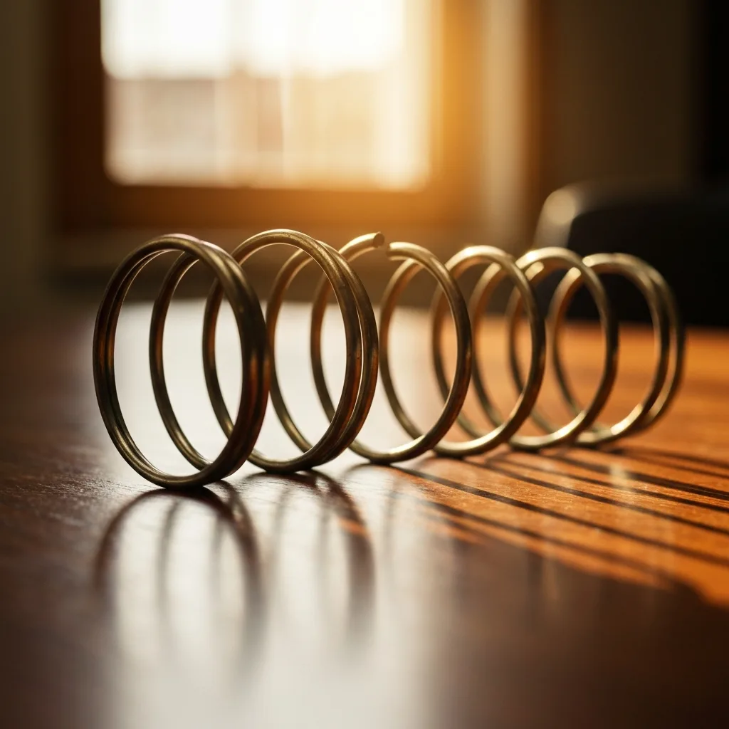 A visual metaphor of a tightly wound metal spring slowly unraveling and releasing its tension, resting on a smooth wooden table. Warm, natural light, macro photography, sharp focus on the spring, blurred background.