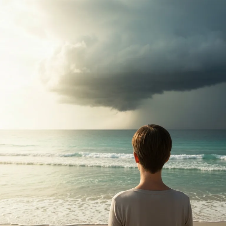 A conceptual image showing a person standing on a calm, sunlit shore looking back at a dark, dissipating storm over the ocean, symbolizing the transition from crisis to safety. Soft, atmospheric lighting, cinematic, hyper-realistic.