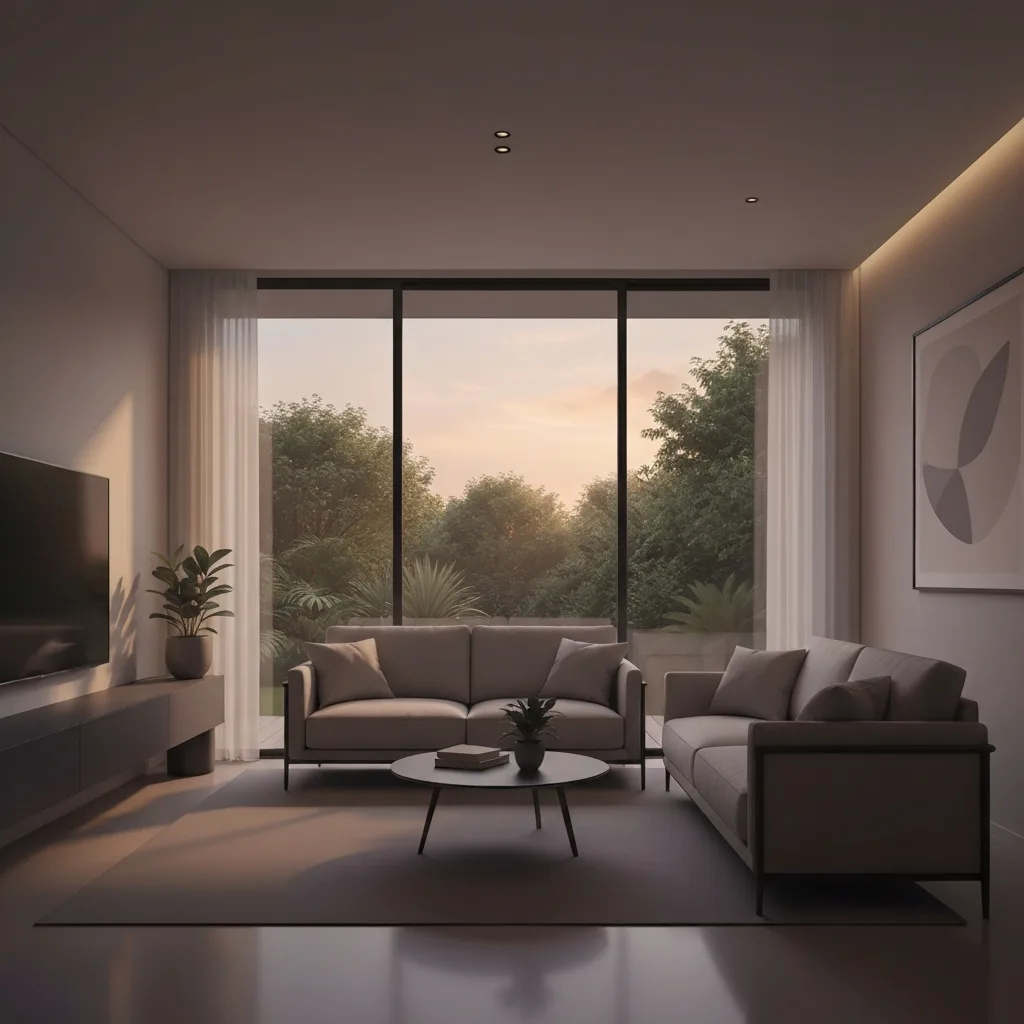 A minimalist, atmospheric illustration of a vintage radio sitting on a wooden table in a dimly lit room. The radio is emitting a visual stream of tangled, dark, chaotic smoke that slowly dissipates into clear, peaceful air as it rises, symbolizing the concept of tuning out negative mental chatter. Soft, moody lighting, highly detailed.