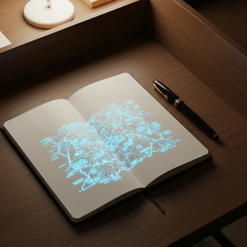 A hyper-realistic, top-down view of a neatly organized wooden desk. On the desk, an open minimalist notebook with a glowing, intricate map drawn inside, symbolizing a cognitive breadcrumb trail. A sleek black fountain pen rests beside it. Soft, warm ambient lighting casting gentle shadows, conveying deep focus and mental clarity.