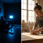 A split-screen visual concept. On the left, a dimly lit, messy living room where a shadowy figure slumps on a sofa illuminated only by the harsh blue light of a television, conveying stagnation. On the right, a bright, sunlit workshop where a focused individual is carefully sanding a piece of wood, sawdust catching the natural light, conveying active engagement and flow. High contrast, cinematic lighting, photorealistic.
