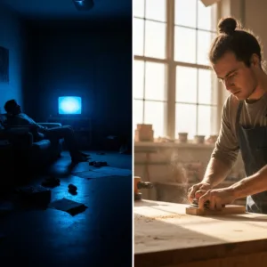 A split-screen visual concept. On the left, a dimly lit, messy living room where a shadowy figure slumps on a sofa illuminated only by the harsh blue light of a television, conveying stagnation. On the right, a bright, sunlit workshop where a focused individual is carefully sanding a piece of wood, sawdust catching the natural light, conveying active engagement and flow. High contrast, cinematic lighting, photorealistic.