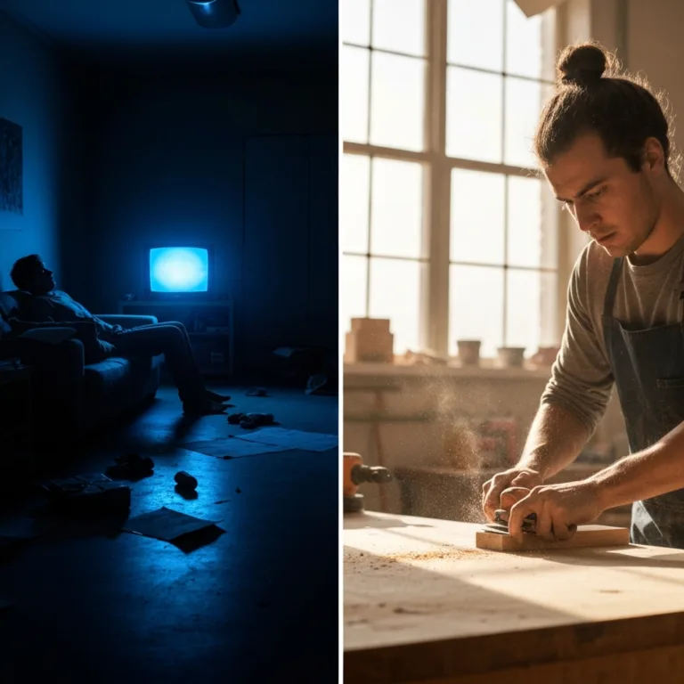 A split-screen visual concept. On the left, a dimly lit, messy living room where a shadowy figure slumps on a sofa illuminated only by the harsh blue light of a television, conveying stagnation. On the right, a bright, sunlit workshop where a focused individual is carefully sanding a piece of wood, sawdust catching the natural light, conveying active engagement and flow. High contrast, cinematic lighting, photorealistic.