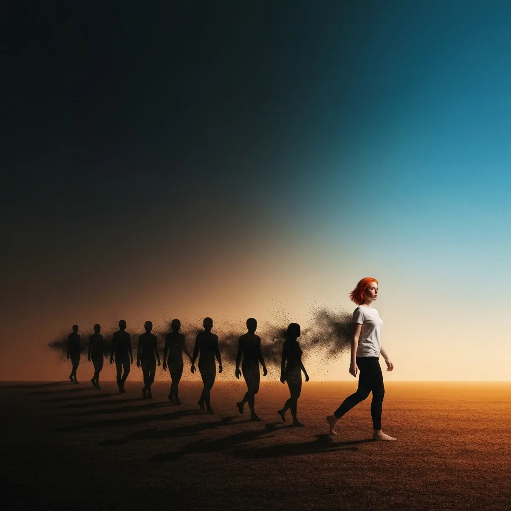 A psychological visual metaphor showing a person walking purposefully forward, leaving behind a trail of dark, shadowy figures that are dissolving into dust. The lighting shifts from a moody, dark background to a bright, clear horizon. Minimalist composition, highly detailed.