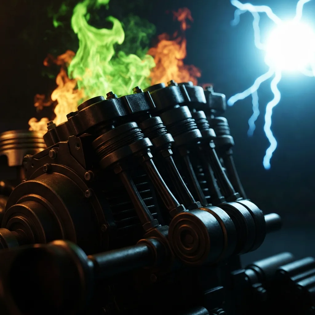 A conceptual macro photograph of a dark, heavy, mechanical engine burning with a harsh, toxic green and orange flame, contrasting with a clean, glowing blue energy source in the background. Cinematic lighting, photorealistic, 8k resolution.