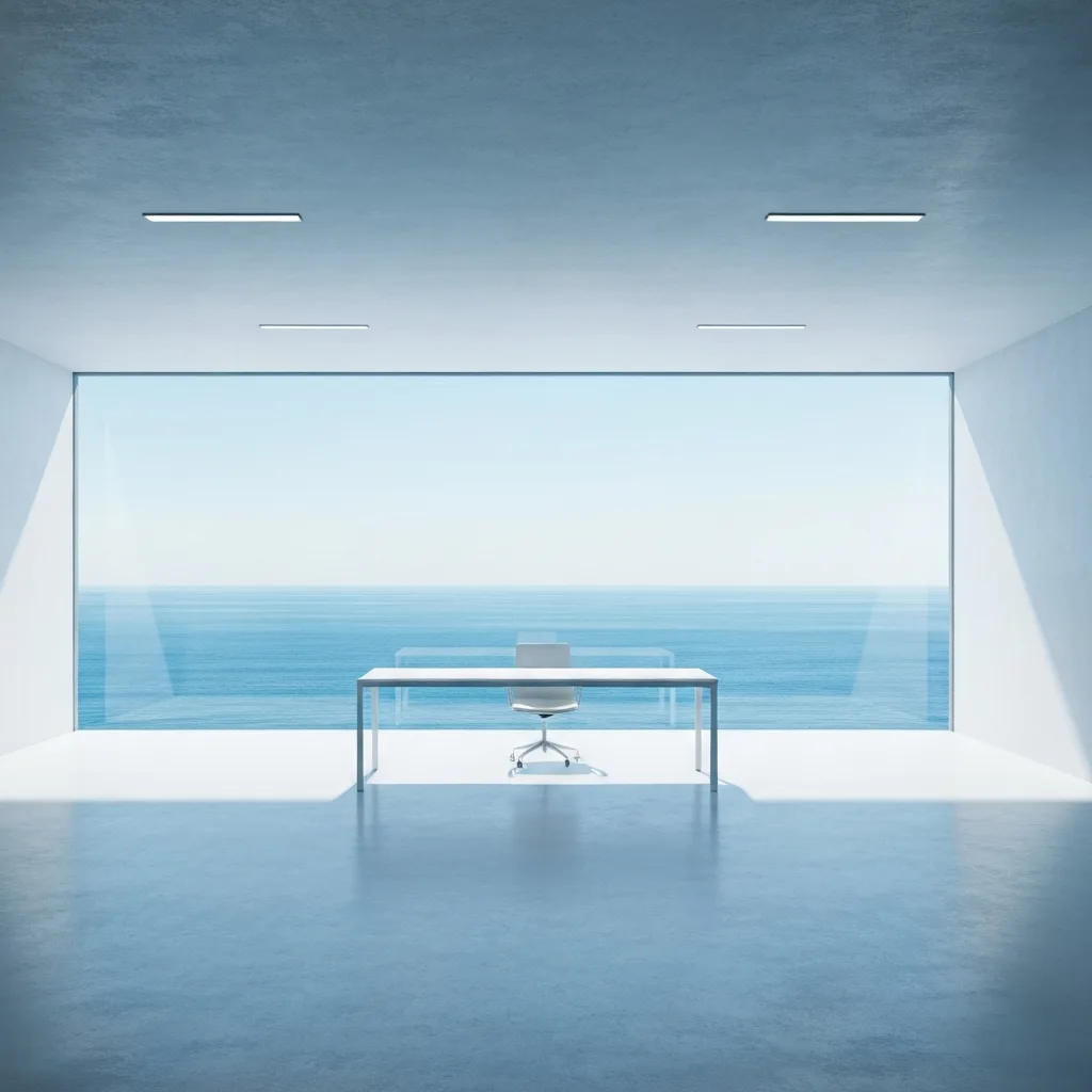 A minimalist, architectural rendering of a modern workspace with vast empty space, a single pristine desk, and a large window looking out at a calm ocean, symbolizing strategic slack and mental clarity. Cool blue and gray color palette.
