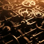 A high-contrast, cinematic shot of a tightly packed, complex clockwork mechanism with gears grinding together, smoking slightly, symbolizing burnout and over-optimization. Dark metallic tones with harsh orange lighting.