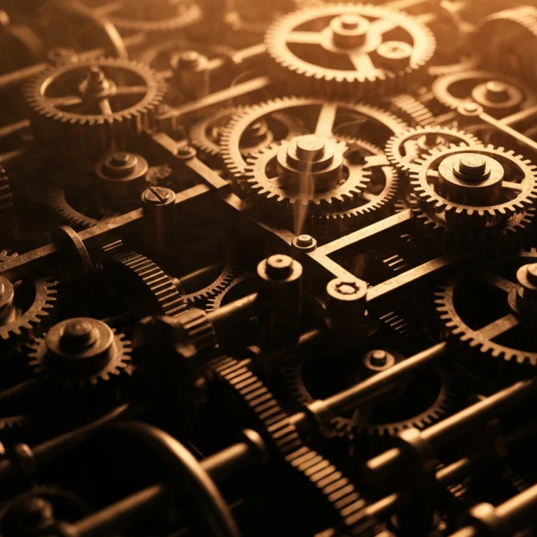 A high-contrast, cinematic shot of a tightly packed, complex clockwork mechanism with gears grinding together, smoking slightly, symbolizing burnout and over-optimization. Dark metallic tones with harsh orange lighting.
