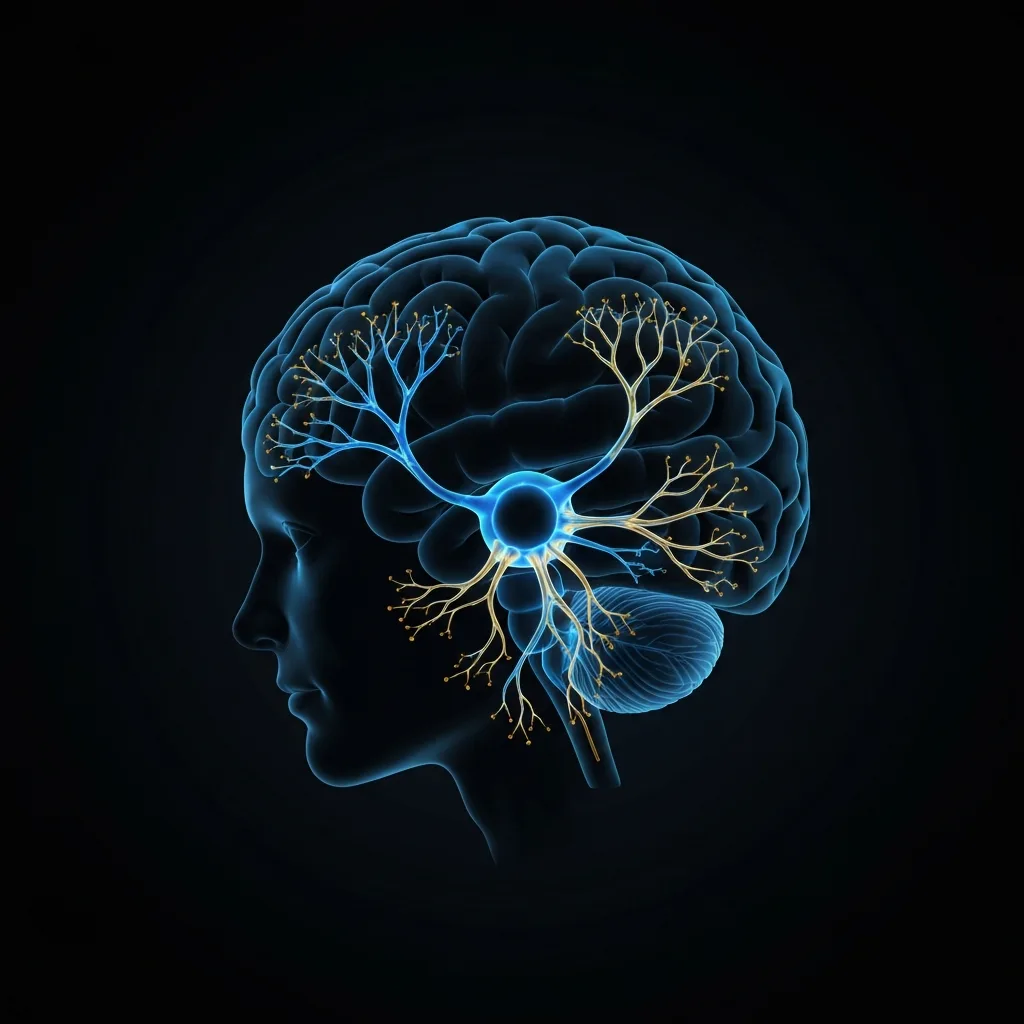 A minimalist, conceptual illustration showing a glowing neural pathway in the human brain, specifically highlighting the mesolimbic dopamine system. Dark background with bioluminescent blue and gold neural connections, highly detailed, scientific yet artistic style.