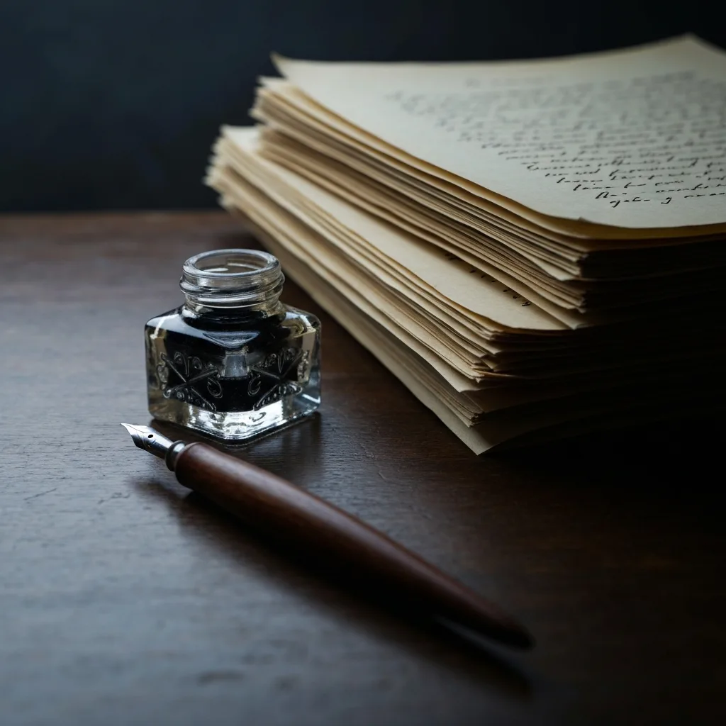 A close-up of an antique writing desk featuring a dip pen, an ornate glass inkwell, and a stack of handwritten manuscript pages ending abruptly, dramatic lighting highlighting the suspense of a cliffhanger, moody atmospheric photography.