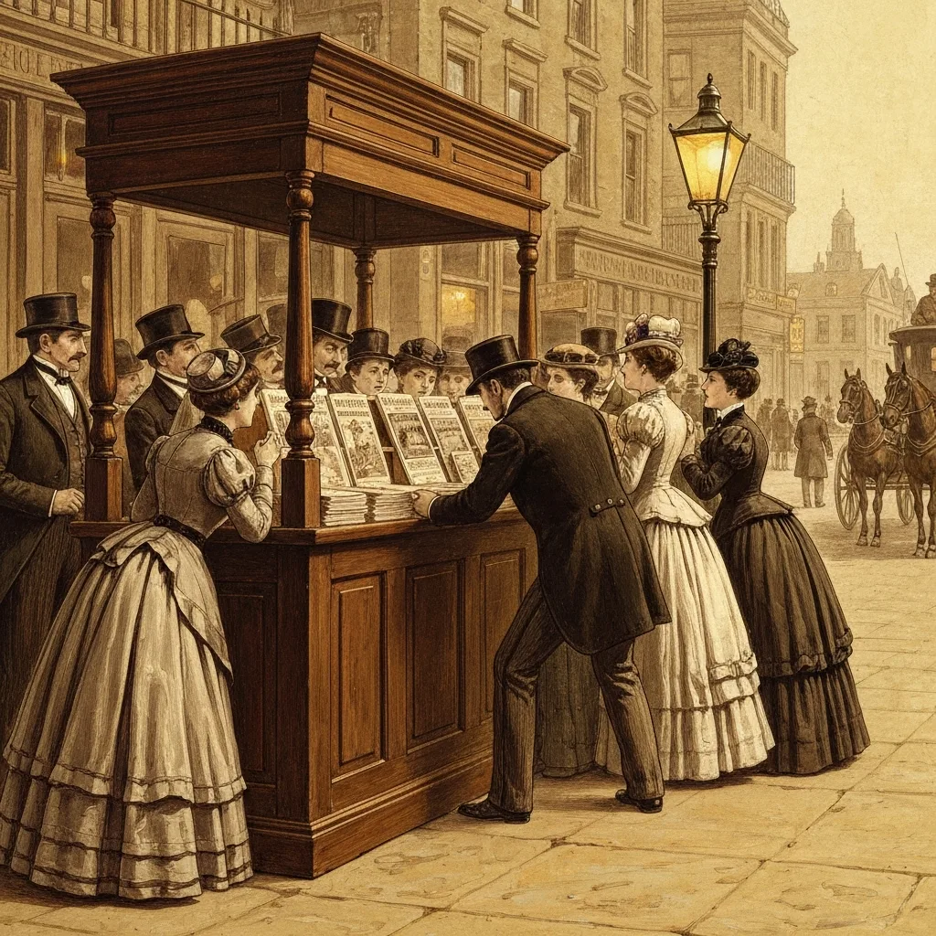 A Victorian-era street scene where a crowd of people in 19th-century clothing eagerly gather around a wooden newsstand to buy the latest weekly literary magazine, warm sepia tones, highly detailed historical illustration.