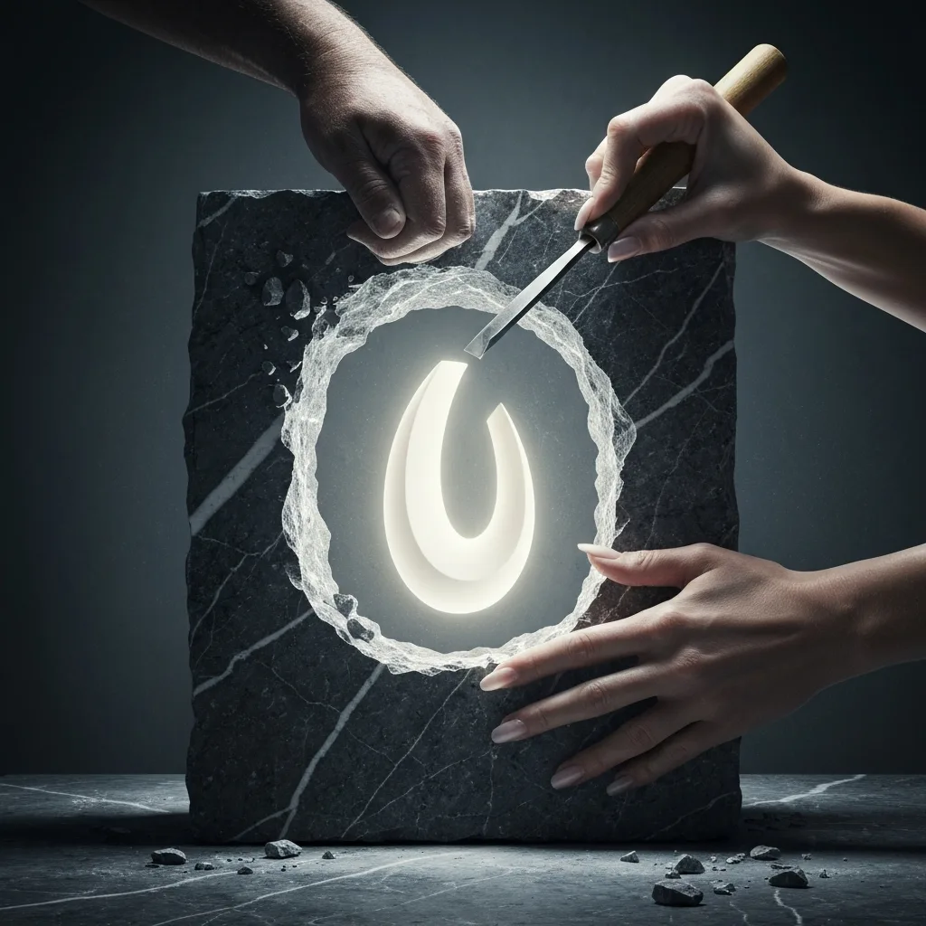 An abstract visual representation of the concept of 'Via Negativa'. A pair of hands using a chisel to strike away excess rough marble from a block, revealing a glowing, perfectly smooth, streamlined geometric shape inside. Moody studio lighting, highly detailed texture, conceptual art style.