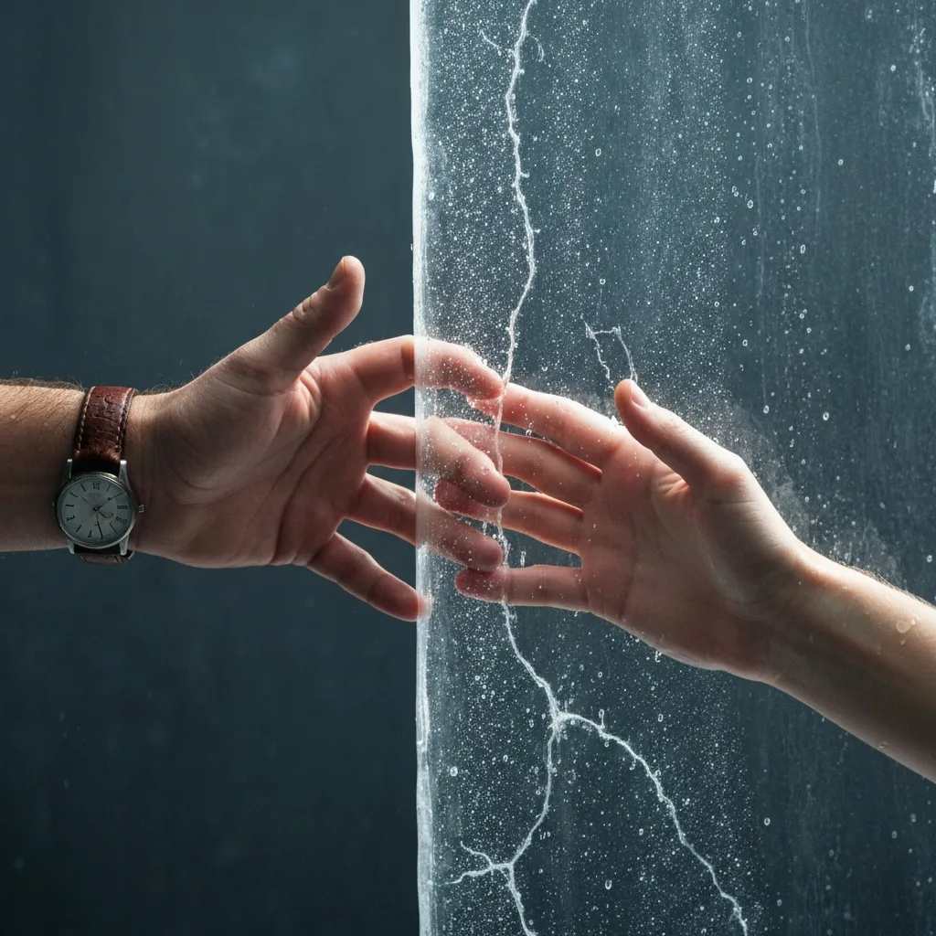 A close-up of two hands reaching out to each other but separated by a thick, transparent wall of ice. The ice is beginning to melt slightly, showing tiny drops of water. Cinematic lighting, highly detailed, metaphorical photography representing the softening of rigid emotional boundaries.