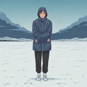 A conceptual illustration of a person standing inside a small, impenetrable transparent glass box in the middle of a vibrant, bustling park. The person looks safe but isolated, watching others connect. Soft, moody lighting, modern editorial illustration style, muted color palette with a stark contrast between the cold glass and the warm outside world.