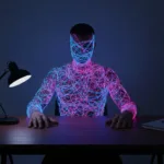 A conceptual image showing a person's silhouette filled with tangled, glowing neon wires representing complex internal emotions, while their hands are calmly resting on a perfectly organized modern desk, contrasting internal feeling with external stillness, cinematic lighting, moody psychological concept art, 8k resolution.